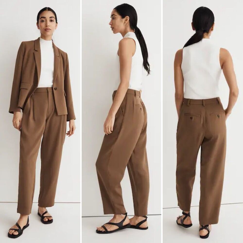 Madewell Pleated Tapered-Leg Pants in Easygoing Crepe in Light Roast Size 6